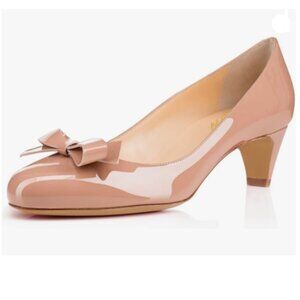YDN Nude Round Toe Pumps Low Heels Shoes with Bowknot for Work Office Ladies